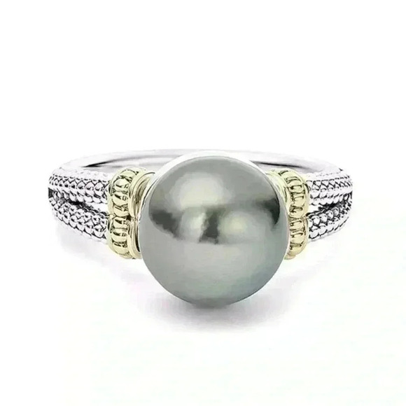 New Beautiful Two-Tone Gold/925 Silver Cultured Black Pearl Ring - Picture 3 of 5